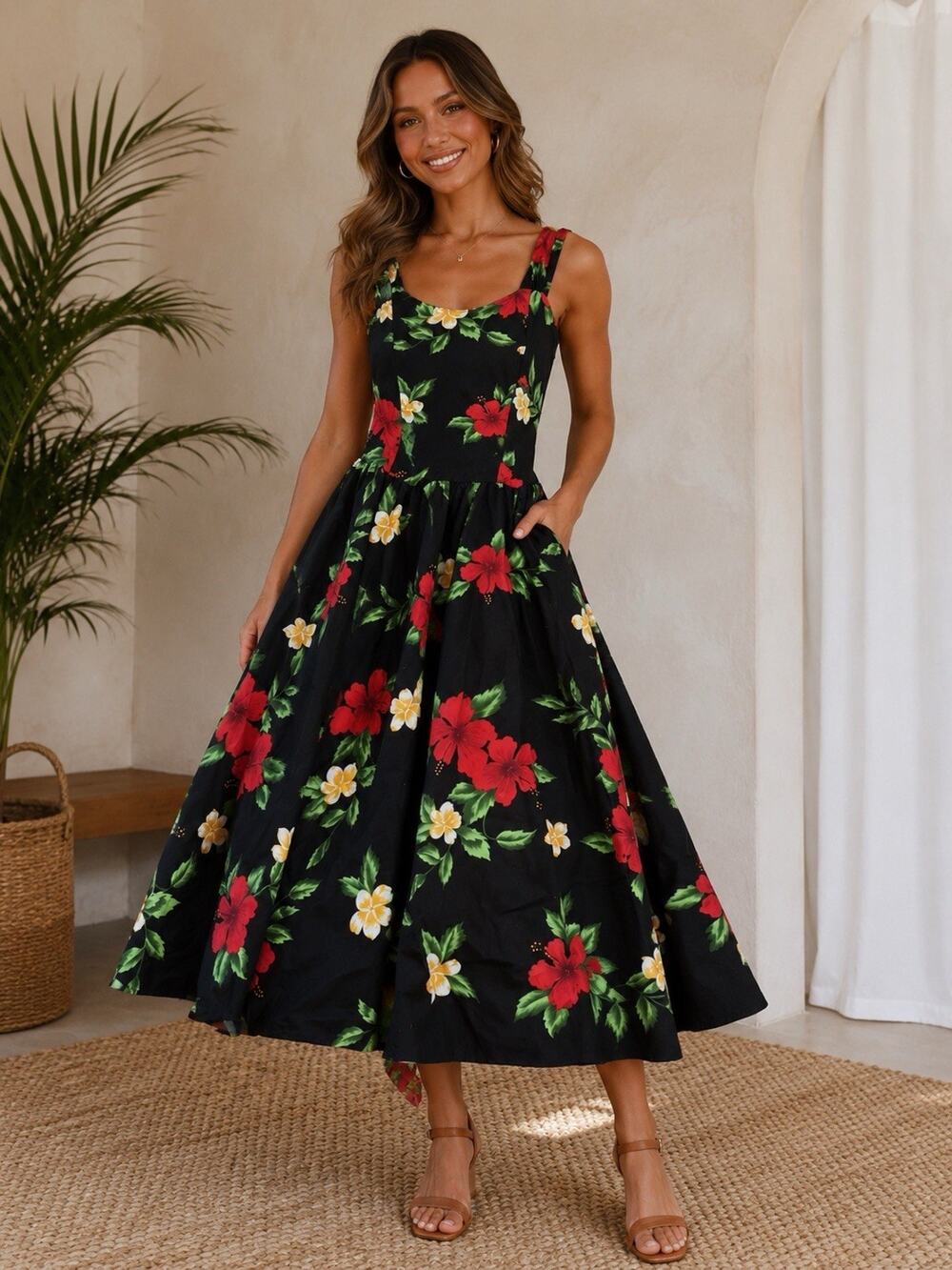 Vintage Royal Hawaiian creations Women’s Sleeveless Floral Dress Size S Black H3